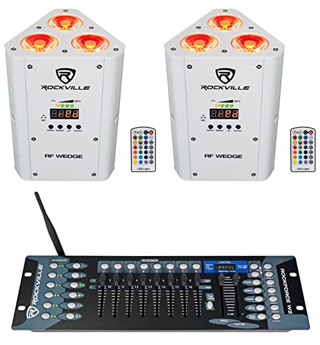 Rockville RF Wedge White RGBWA+UV Par Light Pair with DMX Controller | Rechargeable Battery, 7800mAh, 24-Hour Runtime, Wireless DMX, ROCKFORCE W2 192-Ch Controller, 2 RF Remotes, 3-items