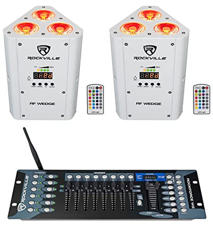 Rockville RF Wedge White RGBWA+UV Par Light Pair with DMX Controller | Rechargeable Battery, 7800mAh, 24-Hour Runtime, Wireless DMX, ROCKFORCE W2 192-Ch Controller, 2 RF Remotes, 3-items
