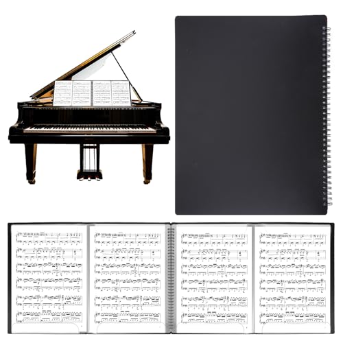 4 Pages Expand Sheet Music Folder, Spiral Sheet Musics Binder Allow Annotations, Black Double Side Writable Choir Folder, for Holding A4 Sheets Music and Storing Files, 60 Pages Capacity
