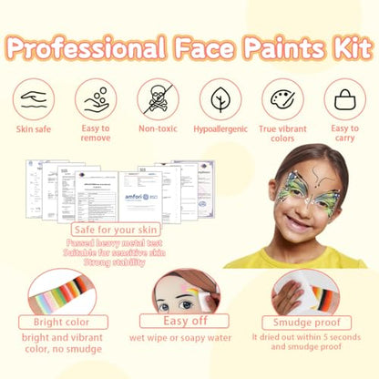 Professional Face Painting Kit for kids Split Cake Face Paint Palette with Glitter Gel One Stroke Non Toxic with Stencils, Pro Face Paint Brushes Sponges for Halloween, Christmas gift, Party