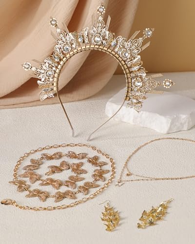 4 Pcs Goddess Costume Accessories Set, Golden Butterfly Crown Kit | Includes Necklace, Earrings and Waist Chain Accessories, Suitable for Halloween, Cosplay and Costume Parties