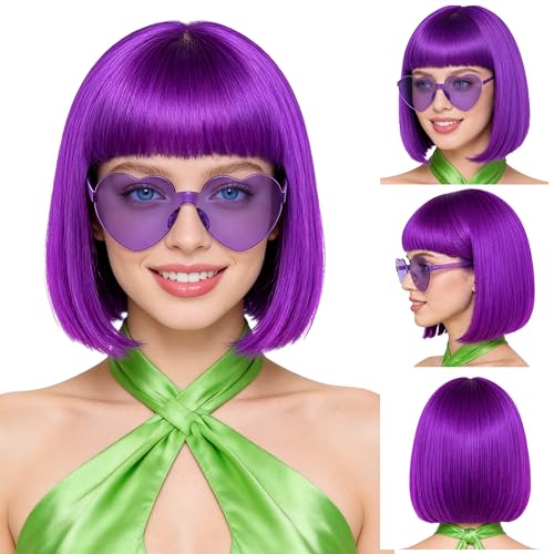 Short Bob Straight Hair Wigs with Bangs, Heat Resistant Fiber Hair, Heart-shaped Glasses for Women (Purple-Red) - color: Purple-Red