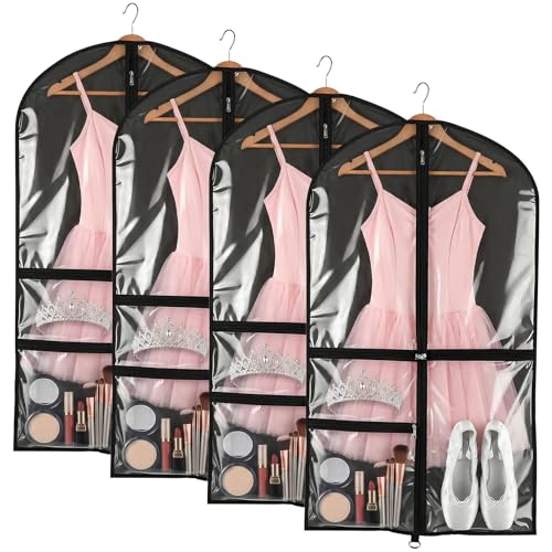 4 Pcs Garment Bags for Dance Costumes, 40 x 24 Inch Black PVC Garment Bag with 3 Zippers Pockets Foldable Costume Organizer Bag for Dance Competitions, Ballet, Theatre