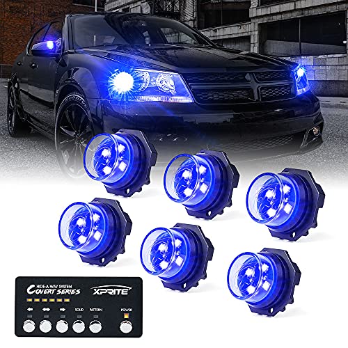 Xprite Blue LED Hideaway Strobe Lights Kit, 20 Flash Modes w/Control Panel Headlights Taillights Fog Light Interior Mounting for Construction Towing Snow Plow Pickup Work Trucks Cars 6 PCS - color: Blue, size: 6 pcs