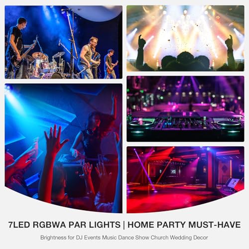 70W 7LED RGBWA DMX Stage Par Lights by Remote Control | Auto Play Sound Activated, Uplights for Wedding Church Christmas Club Bands Mobile DJ Events Party