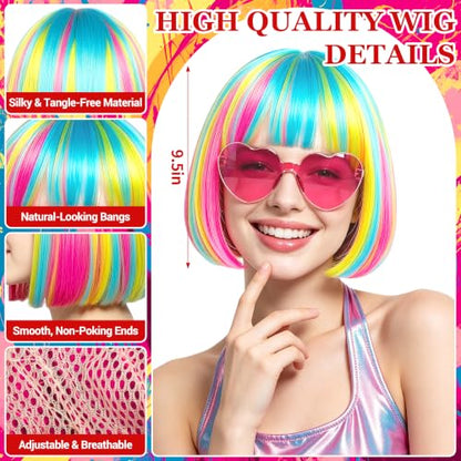 Short Bob Straight Hair Wigs with Bangs, Synthetic Fiber Colorful Hair, Heart-shaped Sunglasses for Women (Rainbow) - color: Rainbow