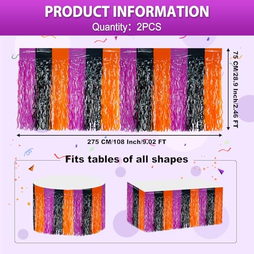 2 Pack 29.5x108 Inch Foil Tinsel Fringe Table Skirts, Disposable Table Skirts for Rectangle Tables Curtains Backdrop Parade Wedding Floats Baby Shower Party (Black, Orange, Purple) - color: Black, Orange, Purple