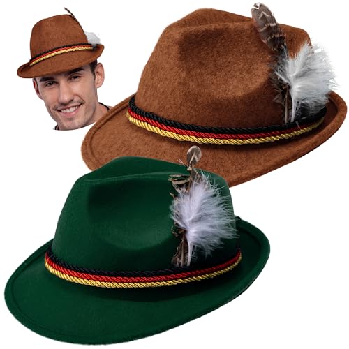 Spooktacular Creations Oktoberfest Hats, 2 PCS German Oktoberfest Costume Accessories Set, Green Brown Felt Fedora Retro Hats for Adults Bavarian Alpine Halloween Dress Up, RolePlay Party - color: Green+brown