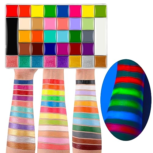 CCbeauty Face Body Paint Kit Professional 36 Colors Face Painting Kit Cosplay Makeup Palette Halloween Clown SFX Makeup Kit Neon Body Paint Arts Party Fancy Make Up with 10 Pink Face Paint Brushes