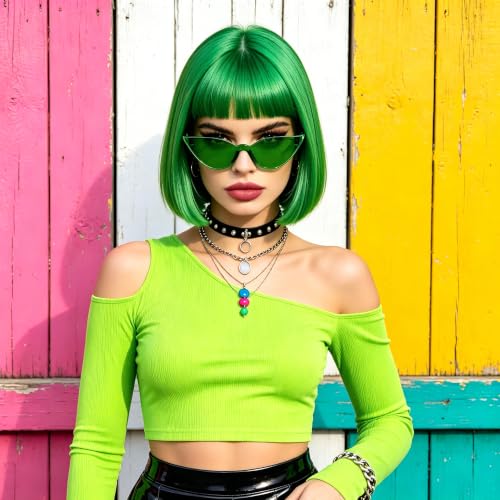 Short Bob Straight Hair Wigs with Bangs, Heat Resistant Fiber Hair, Cat Eye Glasses for Women (Green) - color: Green