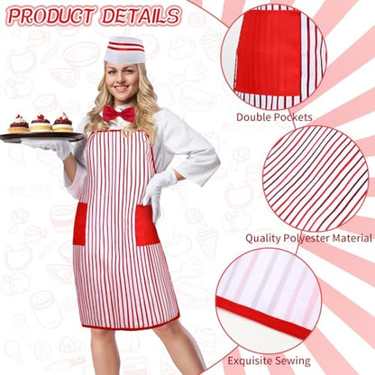 10 Pcs 1950s Waiter Costume Kit Including Chef Hat Apron Bow Tie Gloves for Cosplay Costume Circus Party(Adult Size) - color: Red Stripe B