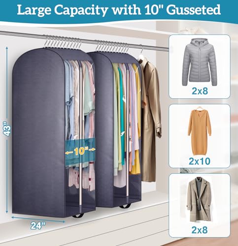 KIMBORA 10" Gusseted Clear Garment Bags for Hanging Clothes Storage, 43" Suit Bags for Closet Storage with Handles, Garment Covers for Coats, Jackets, Sweaters (2 Packs, Grey) - size: 43" - 2 Pack