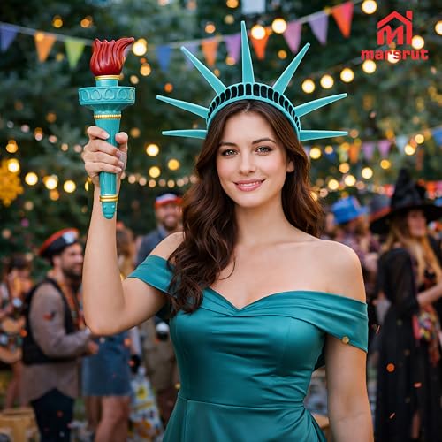 2pcs Statue of Liberty Crown and Torch Set, Statue of Liberty Light Costume Accessories, Wearable Hat Headband Headpiece Kit for Lady Adult Women, Independence Day Cosplay, Halloween, Patriotic Props
