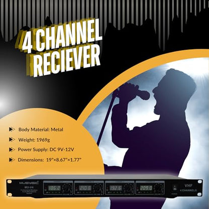 MUSYSIC 4-Channel VHF Wireless Microphone System with Metal Receiver | 2 Handheld and 2 Bodypack, for Church, Party, Meetings (4 - Channel) - size: 4 - Channel