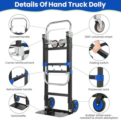 3-in-1 Folding Hand Truck, 600lb Convertible 4 to 2 Wheel Dolly Cart Blue | For home office warehouse garage farm gym, carbon steel frame, base expands 35-44in, swivel rubber wheels, folds flat - color: Blue