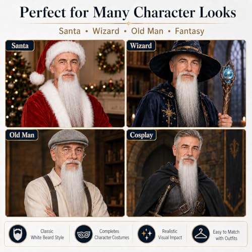 Hand-Tied Human Hair Fake Beard and Mustache for Costumes and Theater | Hand-knotted human hair on lightweight lace creates natural-looking facial hair for costumes, cosplay, theater and film - color: Style 5--white