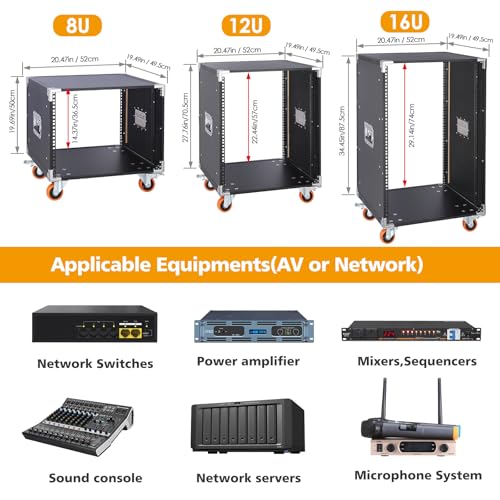 Movable AV Gear Rack 8U 19in Mobile Floor Standing Network Device Storage Cabinet Stand - Audio Stereo Studio DJ Equipment Rack Server IT Data Devices Storage Cabinet Enclosure with Castors - size: 8U