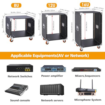 Movable AV Gear Rack 12U 19in Mobile Floor Standing Network Device Storage Cabinet Stand - Audio Stereo Studio DJ Equipment Rack Server IT Data Devices Storage Cabinet with Castors - size: 12U