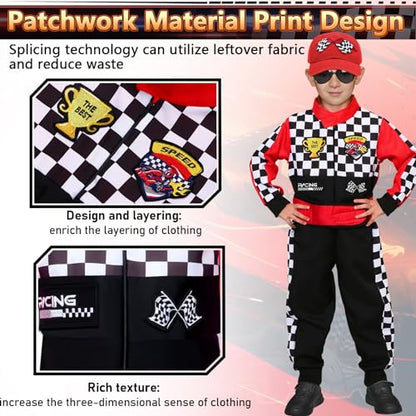 Latocos Kids Race Car Driver Costume Boys Girls Racer Jumpsuit With Car Cap Sunglasses Kids Dress Up Role Play for Halloween - color: Red, size: M(7-8)