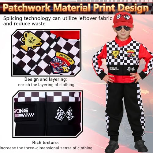 Latocos Kids Race Car Driver Costume Boys Girls Racer Jumpsuit With Car Cap Sunglasses Kids Dress Up Role Play for Halloween - color: Red, size: XL(10-12)
