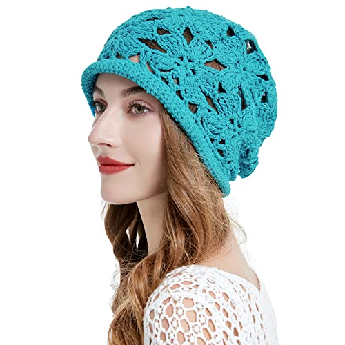 ZLYC Women Cotton Crochet Slouchy Beanie Hat Handmade Knit Summer Skull Cap | Lightweight breathable,boho casual chic look,travel photos festival party,café commute daily wear,beach concert gathering - color: Crochet Peacock Blue