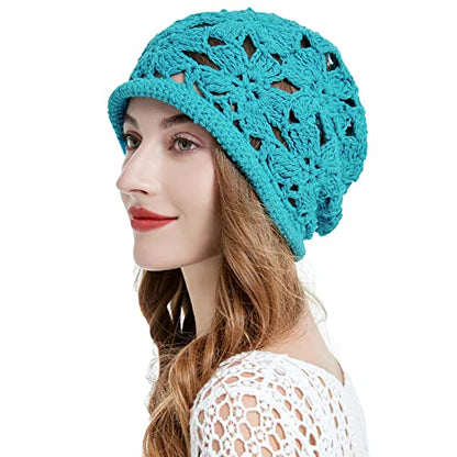 ZLYC Women Cotton Crochet Slouchy Beanie Hat Handmade Knit Summer Skull Cap | Lightweight breathable,boho casual chic look,travel photos festival party,café commute daily wear,beach concert gathering - color: Crochet Peacock Blue