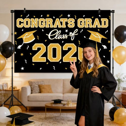 Graduation Party Backdrop 39x59 Inches, Black Gold Theme Class of 2026 Photo Booth Background for Commencement - style: Black Gold Backdrop