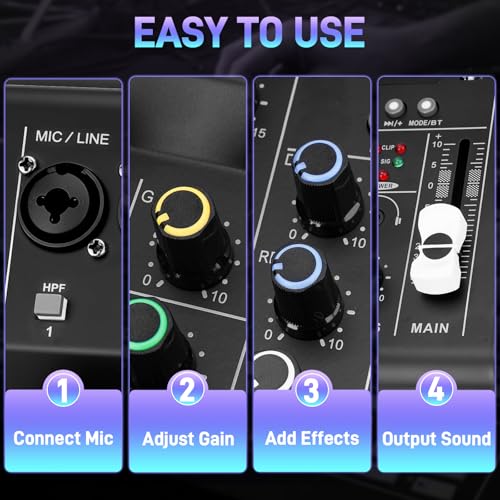 6-Channel Audio Mixer for Beginners, Easy Setup DJ Mixer with Bluetooth, USB/MP3 Sound Card, DSP Effects & 48V Phantom Power, Compact Mixing Console for Karaoke, Podcast & Streaming