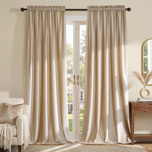 Champagne Beige Velvet Curtains 108 inches for Living Room Luxury Room Darkening Curtain Elegant Bedroom Thermal Insulated Modern Heavy Thick Soft Soundproof Rod Pocket Window Drapes Set of 2 Panels - color: Beige/Champagne, size: 52"W x 108"L (Pack of 2)