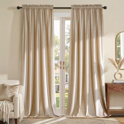 Champagne Beige Velvet Curtains 90 inches for Living Room Luxury Room Darkening Curtain Elegant Bedroom Thermal Insulated Modern Heavy Thick Soft Soundproof Rod Pocket Window Drapes Set of 2 Panels - color: Beige/Champagne, size: 52"W x 90"L (Pack of 2)