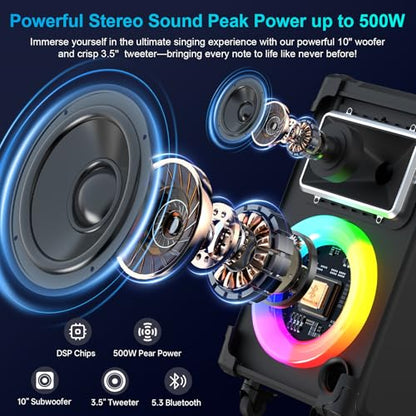 JYX Karaoke Machine with 2 Wireless Mics, 10" Woofer 500W Peak Power Big Portable Bluetooth Speaker with Bass/Treble Adjustment, PA System with Remote Control, LED Lights, Rolling Wheels and Trolley - color: Black