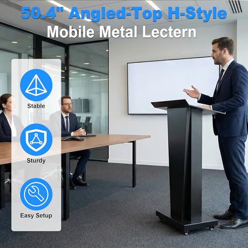 Metal Podium Stand with Wheels, 50.4"Heavy-Duty Mobile Metal Lectern with Storage Cabinets, Portable Pulpit for Church, School, Office and Conference - color: Black-01