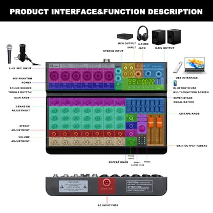 BOMGE Professional 8 Channel DJ Audio Mixer, Sound Mixer with 99 DSP Effects/7-band EQ/USB Drive/Bluetooth/Compute/48V Phantom for PC Recording Karaoke Studio Streaming