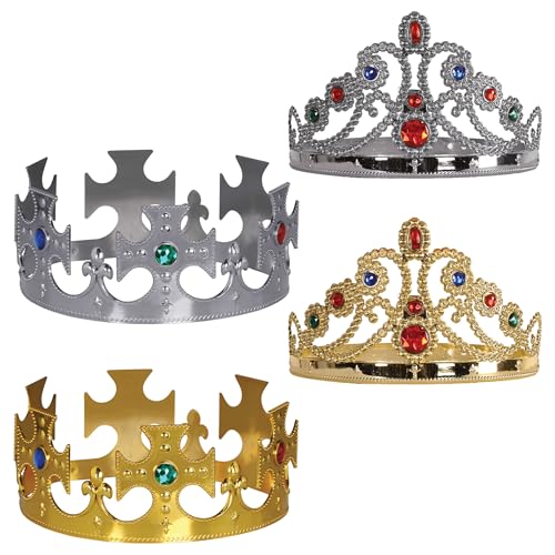 Beistle Jeweled King and Queen Crown Set – Gold and Silver Adjustable Plastic Crowns and Tiaras with Gem Accents, Royal Costume Accessories for Pageants, Plays, Proms, Parties and Themed Celebrations