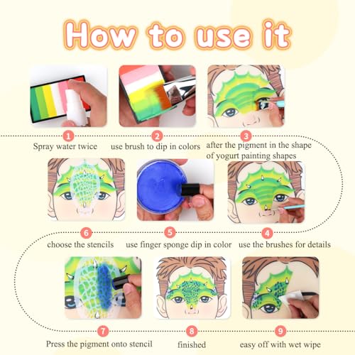 Professional Face Painting Kit for kids Split Cake Face Paint Palette with Glitter Gel One Stroke Non Toxic with Stencils, Pro Face Paint Brushes Sponges for Halloween, Christmas gift, Party