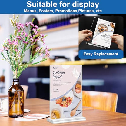 Acrylic Sign Holder 5.5 x 8.5, 10 Pack Double-Sided Stand up Table Top Clear Sign Holders, T Shape Plastic Acrylic Picture Frame Menu Flyer Paper Holder Display Stands for Office Store Wedding Party - size: Vertical 10 Pack 5.5x8.5''