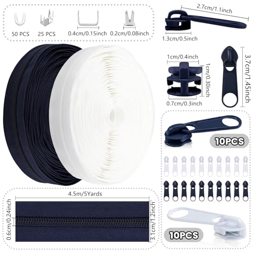 MicButty The Yards 10 Yards Bulk Zipper - (#5) Zippers, Nylon Coil with 20PCS Sliders for DIY Sewing Bags - color: Navy Blue and White