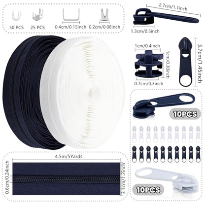 MicButty The Yards 10 Yards Bulk Zipper - (#5) Zippers, Nylon Coil with 20PCS Sliders for DIY Sewing Bags - color: Navy Blue and White
