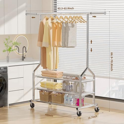EAGMAK Heavy Duty Clothes Rack Load 688 LBS, Rolling Clothing Rack With 3 Shelves, Adjustable Metal Clothes Hanger with Wheels Portable Wardrobe Organizer Garment Rod for Hanging Clothes (Silver) - color: Silver, style: 3 Shelves