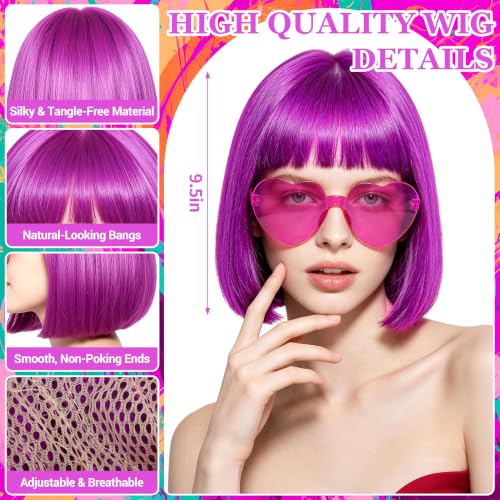 Purple Short Bob Straight Hair Wigs with Bangs, 11inch Synthetic Fiber Colorful Hair, Neon Heart-shaped Sunglasses and Wig Cap for Women, 80s 90s Costume, Halloween, Dress Up - color: Purple