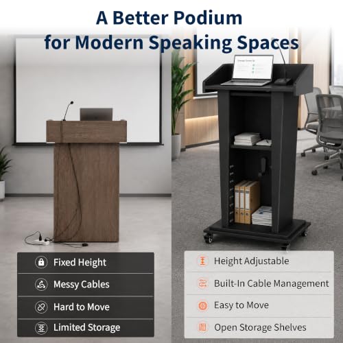 MOOFI Height Adjustable Wooden Podium Lectern with Wheels, Mobile Rolling Presentation Stand with Storage Shelves, Teacher Podium for Classroom, Church, Office and Conference Room (Black) - color: Black