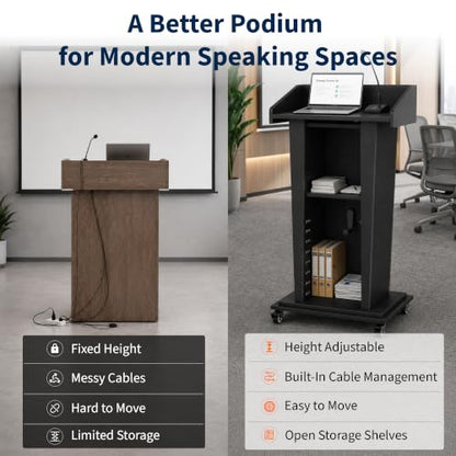 MOOFI Height Adjustable Wooden Podium Lectern with Wheels, Mobile Rolling Presentation Stand with Storage Shelves, Teacher Podium for Classroom, Church, Office and Conference Room (Black) - color: Black