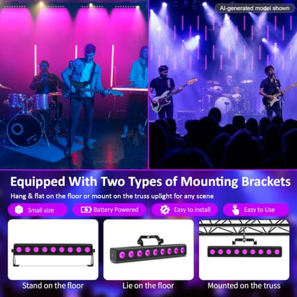 Battery Powered Stage Light Bar,2Pack 9LED RGBW 4IN1 Rechargeable Stage Wash Lights Bar Built-in 5200mAh Battery Remote Control Sound Activated DMX512 Uplights for DJ Party Stage Wedding Club