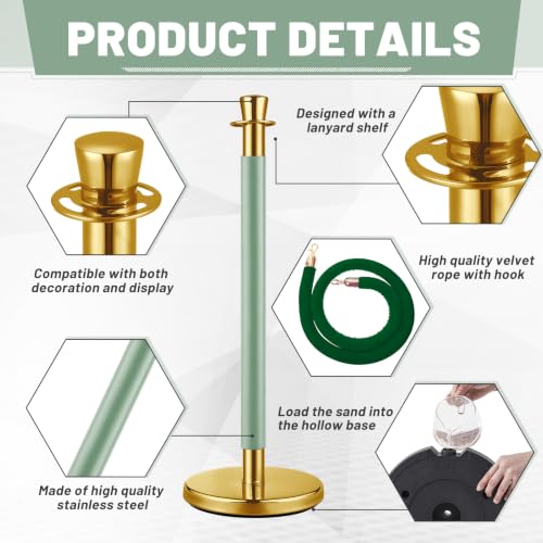Wesiti 2 Pcs Gold Green Stainless Steel Stanchion Post Queue with Crown Top 5 ft and Velvet Rope and Poles Crowd Control Barriers Sand Injection Hollow Base and Velvet Ropes Set - color: Gold,Green