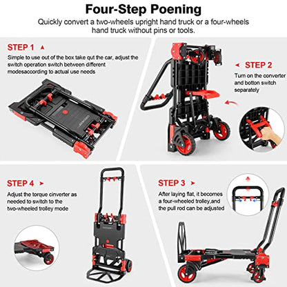 Folding Hand Truck Dolly, 330lb Convertible 4 to 2 Wheel Moving Cart, Red | Dolly Cart with Retractable, Aluminum Alloy & Cast Iron Build, Nylon Wheels,Compact Fold,for Moving,Office,Delivery,Outdoor - size: 330LB