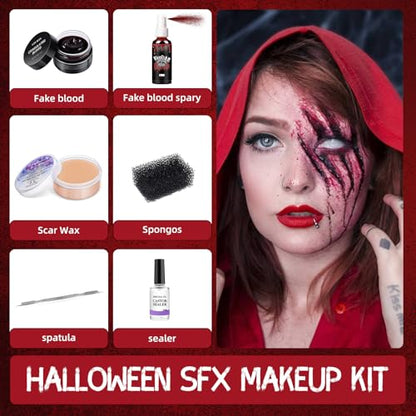 SFX Makeup Kit Scars Wax, Fake Blood Spray, Professional Scar Wax&Blood Effects Set with Coagulated Blood Gel&Spray, Metal Spatula, Sealer & Black Sponge for Realistic Halloween Zombie, Vampire Wound - color: SFX Makeup Kit 6PCS