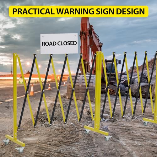 Garvee 19.8 ft Industrial Expandable Metal Barricade, Rotatable & Portable Safety Barrier with a Warning Board and Casters, Retractable Traffic Fence Mobile Safety Barrier Gate Yellow Black - size: 19.8FT