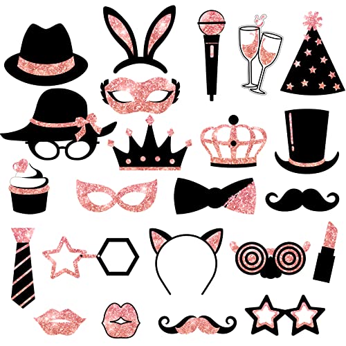 Zonon 24 Pcs Funny Photo Booth Props Set Black Gold Birthday,Rose Golden | Props for Wedding, Disco, Class Reunion Prom, Includes Mustache, Hats, Glasses, Ties, Lips, Crowns, Fun Party Accessories - color: Rose Golden
