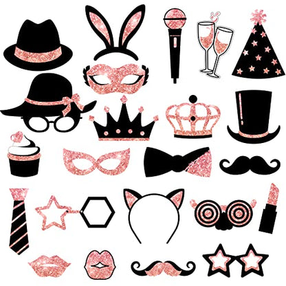Zonon 24 Pcs Funny Photo Booth Props Set Black Gold Birthday,Rose Golden | Props for Wedding, Disco, Class Reunion Prom, Includes Mustache, Hats, Glasses, Ties, Lips, Crowns, Fun Party Accessories - color: Rose Golden