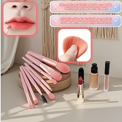 8-Piece Makeup Brush Set - Vegan Travel Brushes with Portable Case for Foundation, Blush, Eyeshadow - Soft Synthetic Kabuki Brushes Perfect for Beginners & Sensitive Skin (Pink) - color: Pink
